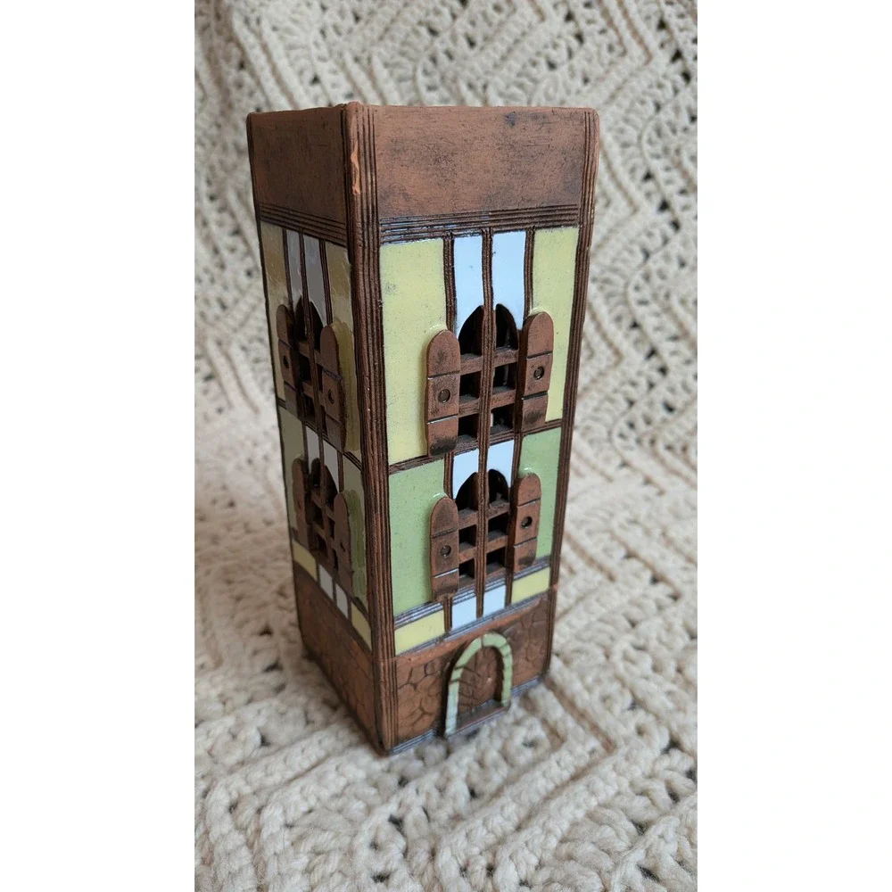 Vintage Lithuanian Handmade Clay Tower Tea Light‎ Candle Holder Village House